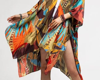 Costa Rica Vivid Earthy Kimono Swimsuit Coverup Open Front Cardigan Meditation Yoga Duster