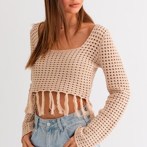 Donne Scava Fuori Crochet Knit Crop Top Color Block Manica