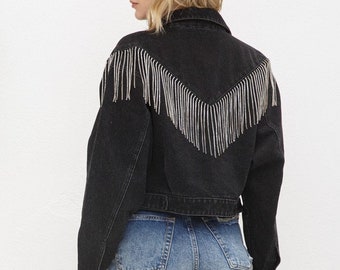 Black Austin Rhinestone Fringe Embellished Denim Jacket // Fringe Jacket Denim Jacket Fringe Rhinestone Jacket