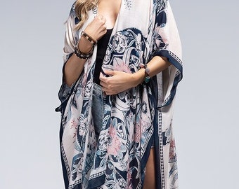 Gatsby Soft Pink & Midnight Blue Kimono Swimsuit Coverup Open Front Cardigan Meditation Yoga Duster