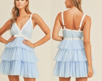 Sky Blue Ruffle Mini Dress // Contrast Tulle Birthday Tiered Mini Dress spring dress, Cocktail Party Dresses for Women Homecoming dress