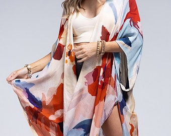 Haleakala Soft Floral Red and Blue Kimono Swimsuit Coverup Open Front Cardigan Meditation Yoga Duster