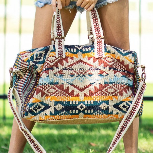 Multi Ivory Womens Duffle Weekender Bag travel bag Handmade Aztec Print Boho Bohemian Duffel Bag Great Gift for best friend carry on ethnic
