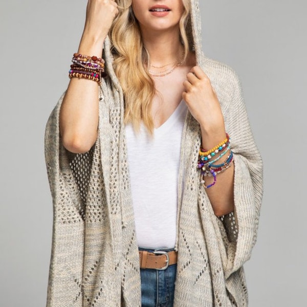 Bestseller! Heathered Poncho Hoodie open front poncho hoodie with diamond pattern and drawstrings and frayed fringe