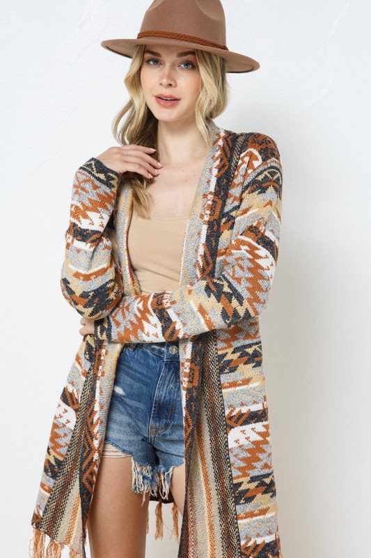 Tucson Cozy Aztec Print Long Crochet Cardigan Kimono - Etsy