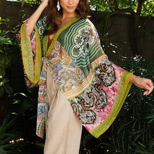 Bali Boho Chic Tie Front Wrap Top - w/Armholes womens wrap top plus size beautiful casual formal tropical shawl blouse