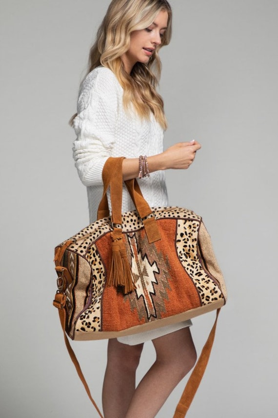 Cheetah Boho Duffle Navajo Pattern Bag Weekender Bag Handmade 