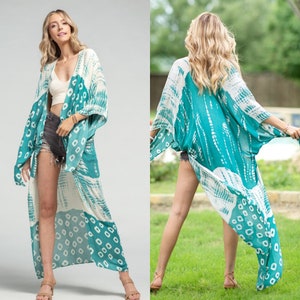 Turquoise maxi kimono Floral Kimono tropical paisley with floral kimono side slits swimsuit coverup beach cover up lightweight gift for mom