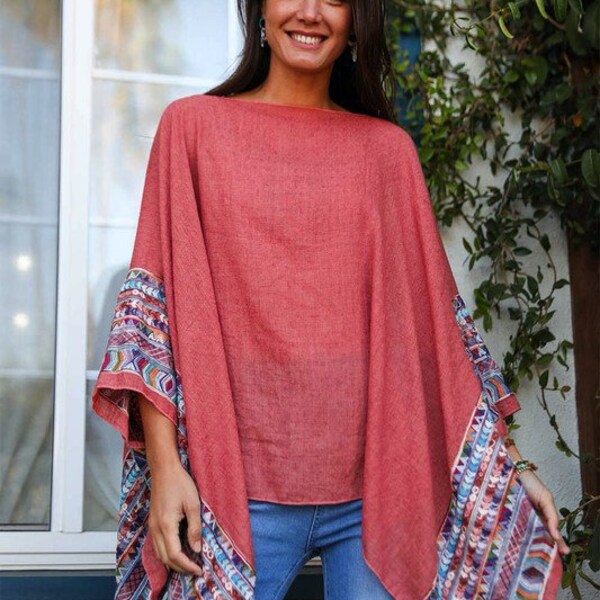 Womens Cotton Blend Geometric Hand Embroidered Lightweight Poncho - Kimono sweater shawl jacket spring summer boho gift for best friend