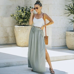 Size Large - Women's Maxi Skirt sage green summer spring trendy fashion flowy Casual High Waist Solid Flare Long Maxi Skirt