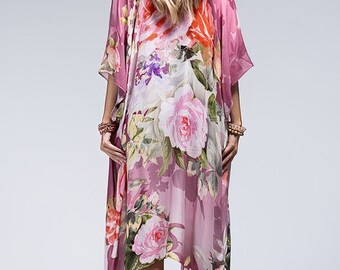 Rose Soft Floral Pink + Lavender Kimono Swimsuit Coverup Open Front Cardigan Meditation Yoga Duster