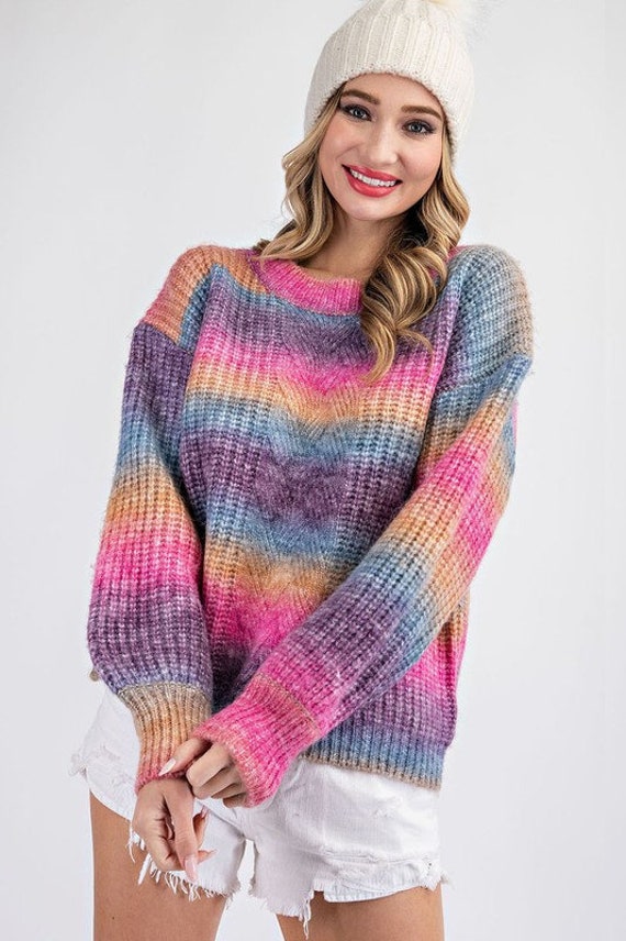 Rainbow Ombre Cable Knit Sweater 