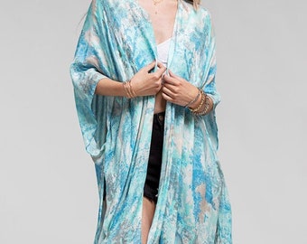 Aquamarine Soft Watercolor Blues + Turquoise Kimono Swimsuit Coverup Open Front Cardigan Meditation Yoga Duster