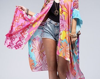 Pink Palm Bright Kimono Swimsuit Coverup Open Front Cardigan Meditation Yoga Duster