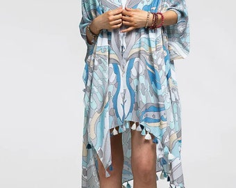 Ocean Tide Soft Watercolor Shades of Blue Kimono Swimsuit Coverup Open Front Cardigan Meditation Yoga Duster