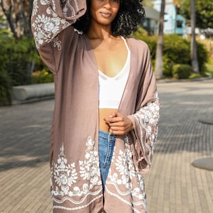 Spring Embroidered Floral Vine Lightweight Kimono - Hand Embroidered Floral Kimono Open Wrap Coverup Top One Size Women's Spring Summer