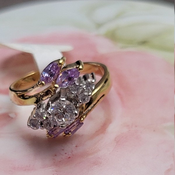 Cluster and Promise Ring Purple Sapphire September BirthStone and Clear Sparkle Cz  18k Gold Plated Tested mark Rs Covenant