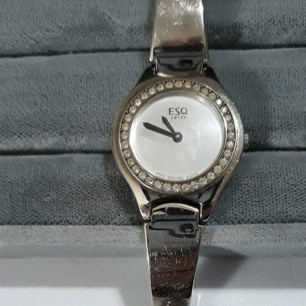 Movado Ladies Watch, ESQ Movado  with Crown of Genuine Cz diamonds like Face Quartz, Bracelet Wrist Watch, Authentic  Watch Vintage Working