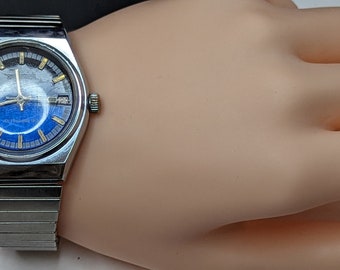 Antico orologio Kronotron di Hong Kong da uomo o unisex, automatico, con giorno e data, cinturino elastico funzionante in ottime condizioni