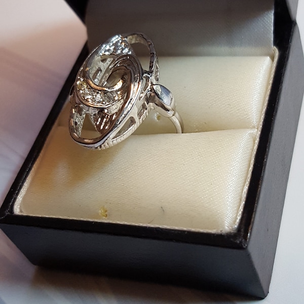 Swarovski Swan Cocktail Ring With sparkle SW Swan mark  Size 6 1/2 signed   Weight 4.6 grams Sterling Vintage Modernistic