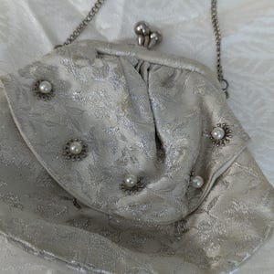 Bridal Wrist Clutch With Faux Pearls with original Chain handle genuine Antique in great condition