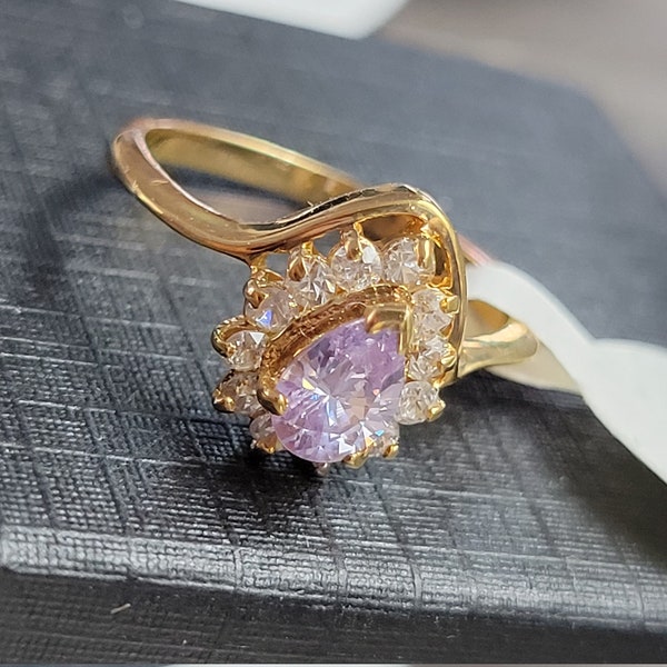 Promise and Cluster Ring Cz Pear Cut Lavender Ice Cz 6mm  Vintage 18k Gold Plated Tested Rsc Covenant Gifts Bride Maids SIZE 7 only