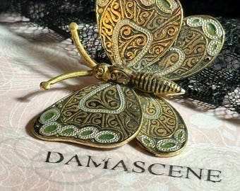 Damascene Vintage Brooch Butterfly 22k and Silver Foil Inlaid Spain Toledo