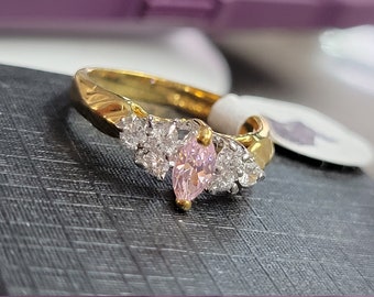 Promise Ring Pink Sapphire October BirthStone  Center Marquise 6mm X 3mm  Cz  Vintage 18k Gold Plated Tested Rsc Covenant Gifts Bride Maids
