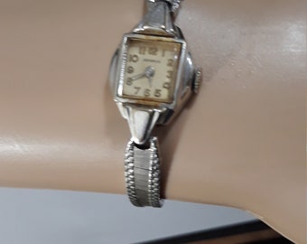 Benrus 17 Jewels Swiss Mechanical Wind up Watch Women 10k RGP Rolled Gold Retro Working and 10k White Gold Bracelet will fit 7" max wrist