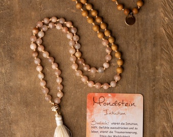 Mala Kette MONDSTEIN Edelsteinkette Yoga Meditation Schmuck Set   Geschenk*108 Heilsteine Sandelholz Lebensbaum Anhänger Affirmationskarten