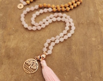 Mala Necklace ROSE QUARTZ Gemstone Necklace Yoga Meditation Jewelry Set Gift*108 Healing Stones Sandalwood Tree of Life Pendant Affirmation Cards