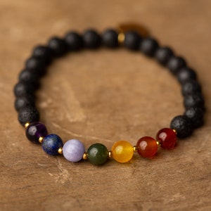 Edelstein Armband CHAKRA Yoga Schmuck Edelsteinschmuck Geschenk   Set | Heilstein Lavastein Freundschaftsarmband Affirmationskarten