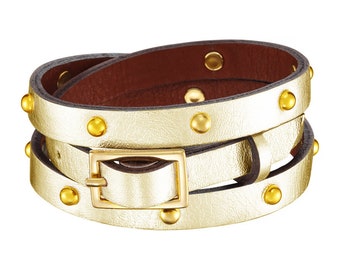 Golden leather CALLISTO bracelet with studs