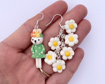 Bunny with flowers Dangle earrings - Mothers Day Gift -Easter bunny gift idea - Cute Bunny - gift for girlfriend, sister, mom, daughter