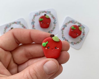 Apple and worm funny Brooch - Apple miniature food  Pin - Gift for friend - Fruit  Brooch- Pin for coat, blazer, bags, backpack