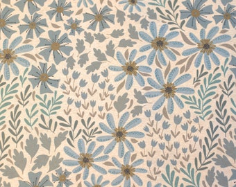Fabric water-repellent cotton different decors (sold by the meter, width 140 cm) flowers on linen blue