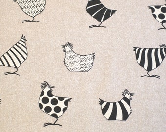 Fabric water-repellent cotton different decors (sold by the metre, width 140 cm) black and white chickens on beige fabric