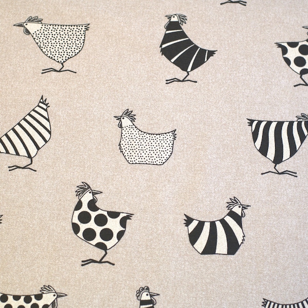 Fabric water-repellent cotton different decors (sold by the metre, width 140 cm) black and white chickens on beige fabric