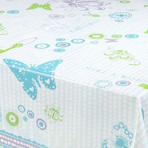 Toile cirée, papillons, bleu-vert