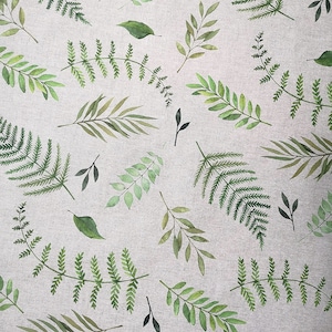 Fabric water-repellent cotton various decors (sold by the meter, width 140 cm) branches / leaves beige green