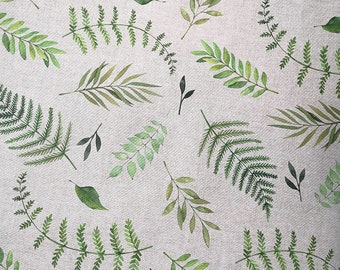 Fabric water-repellent cotton different decors (sold by the meter, width 140 cm) branches / leaves beige green