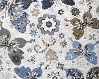 Fabric water-repellent cotton different decors (sold by the meter, width 140 cm) butterflies blue white ornaments