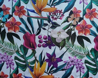 Fabric, water-repellent, cotton, various decors (sold by the meter, width 140 cm) Colorful tropical leaves and flowers