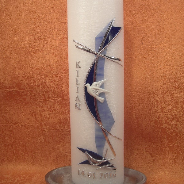Taufkerze Perlmutt modernes Kreuz blau Silber mit Taube      201