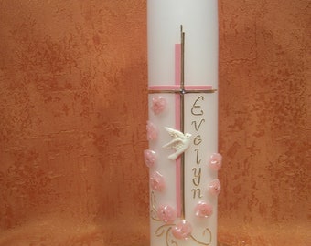 Baptism candle girl pink dove roses-rhinestones 159