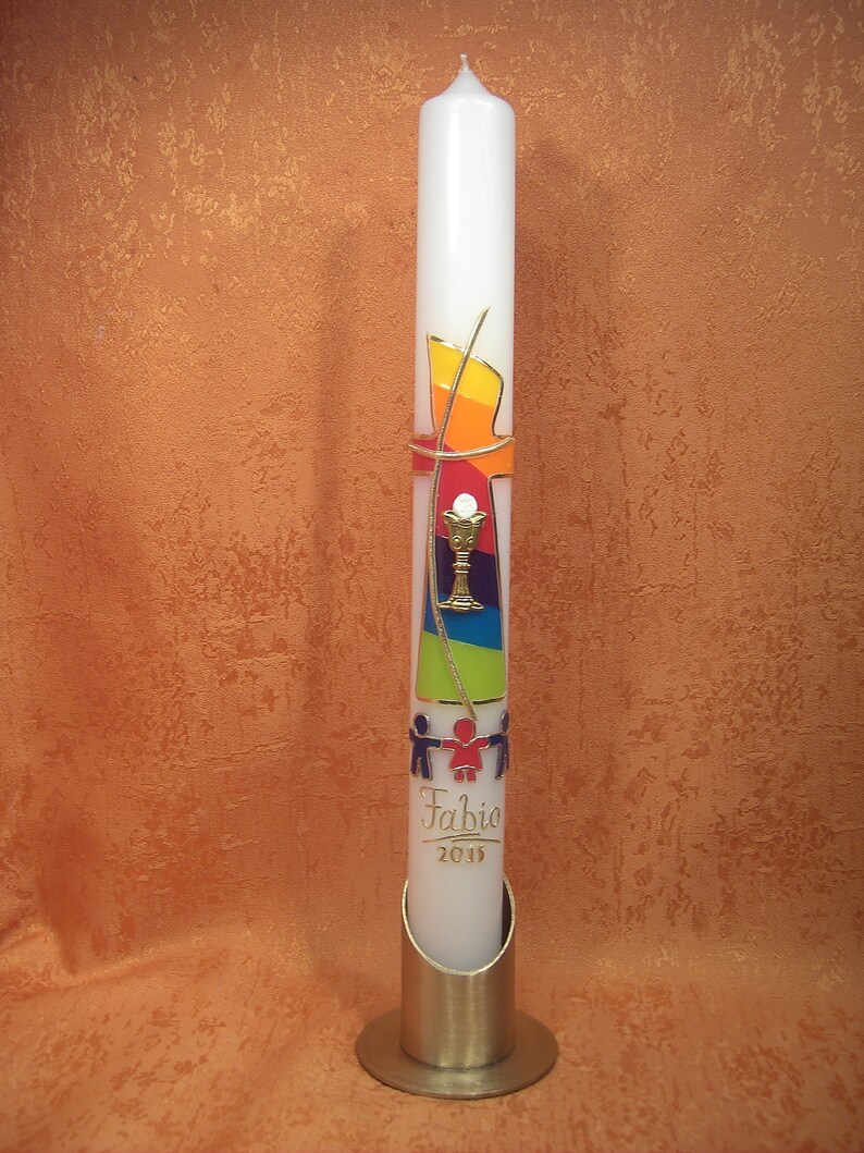 Baptism candle communion candle rainbow cross children hand in hand 5216 image 1