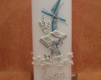 Communion - confirmation candle modern turquoise with pearl necklace 5439