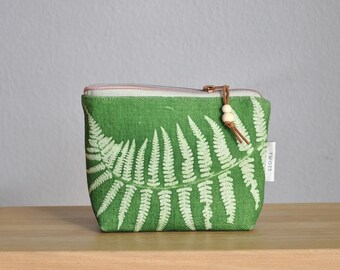 Linen bag with natural fern print, green cosmetic bag with sun print, small zipper bag with leaf print