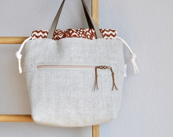 grand sac de projet de tricot en lin naturel avec fermeture éclair, sac en lin à cordon vintage, sac fait main