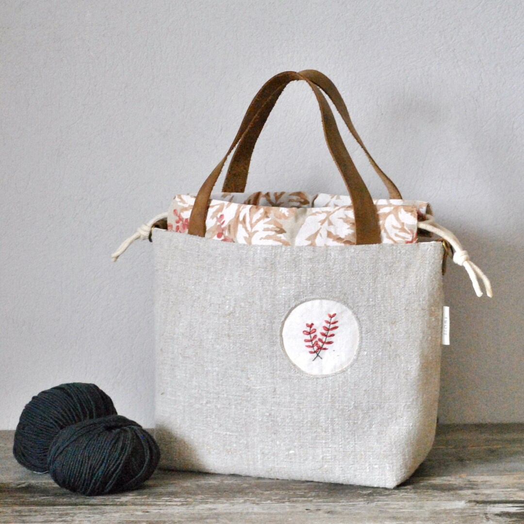 Large Knitting Project Bag Made of Natural Linen With Handembroidered